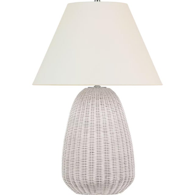 Transitional Chapman & Myers by Visual Comfort Signature Kokomo 30" Table Lamp in Chalk Wicker and Polished Nickel with Linen Shade For Sale - Image 3 of 3