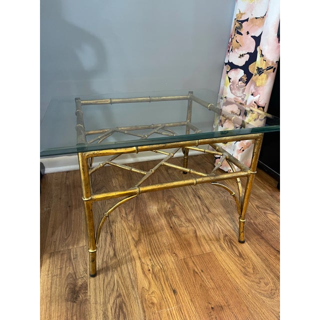 Vintage metal gold gilt bamboo style square coffee table with glass top. Mid-century modern. Hollywood regency. Looks...