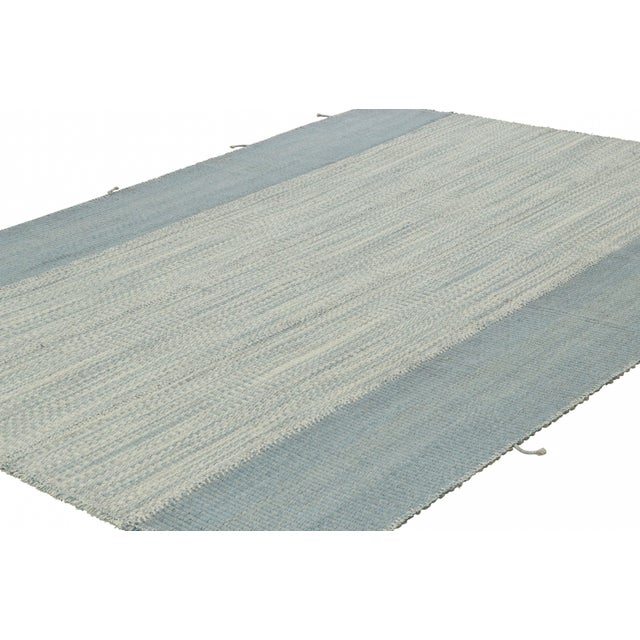 Rug & Kilim Rug & Kilim’s Contemporary Kilim in Blue Textural Stripes, White and Gray Accent For Sale - Image 4 of 7