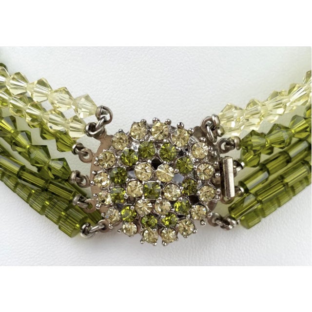 Mid Century Multi Strand Green and Clear Beaded Necklace With Cluster Clasp For Sale In Seattle - Image 6 of 8
