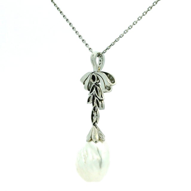 Vintage Platinum Diamond and 18mm Baroque Pearl Drop Necklace For Sale - Image 4 of 11