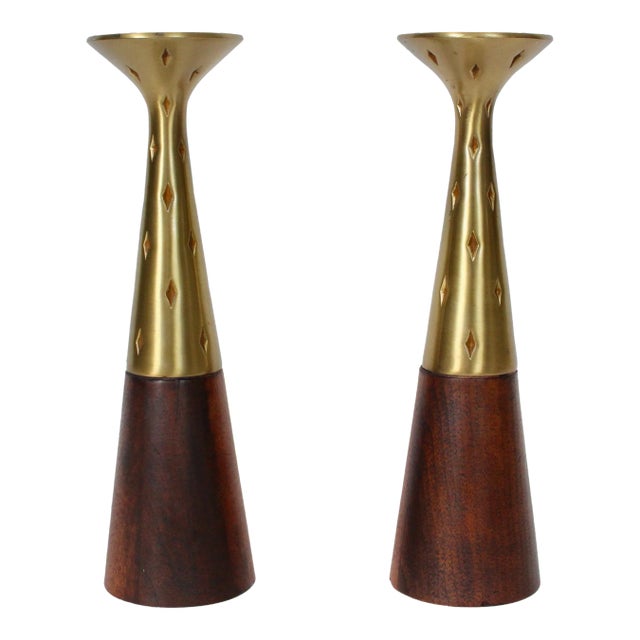 Tony Paul for Westwood Chadwick Brass & Walnut Candlesticks, 1950s - A Pair For Sale