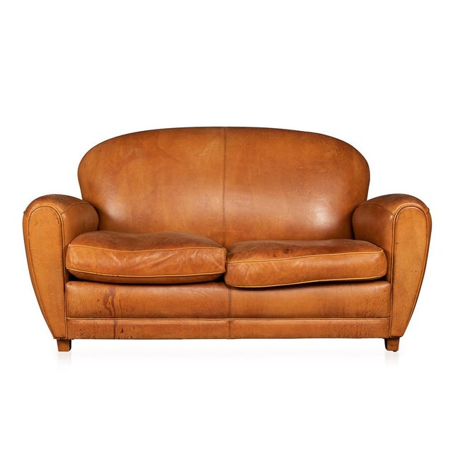 French 2-Seater Tan Sheepskin Leather Sofa For Sale - Image 16 of 16