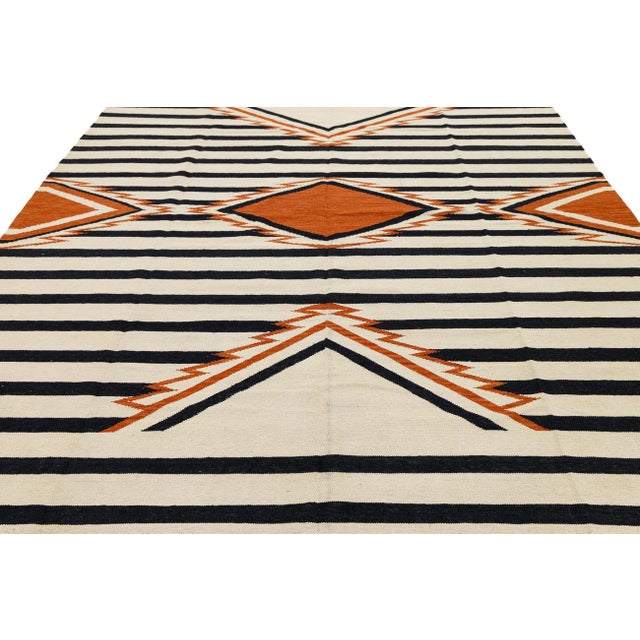 9x12 Modern Navajo-Inspired Geometric Wool Rug– Terracotta, Black & Cream For Sale In New York - Image 6 of 11