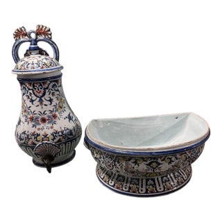 Antique French Faience Floral Polychrome Decorated Lavabo Wall Fountain For Sale