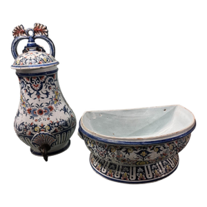 Antique French Faience Floral Polychrome Decorated Lavabo Wall Fountain