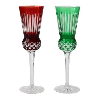 Two Antique Bohemian Cut to Clear Crystal Champagne Flutes: Ruby & Emerald C1910 For Sale
