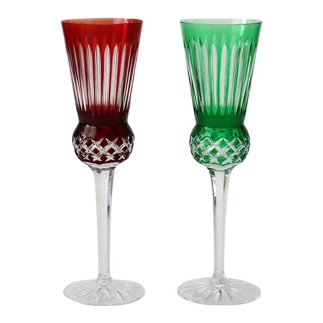 Two Antique Bohemian Cut to Clear Crystal Champagne Flutes: Ruby & Emerald C1910 For Sale