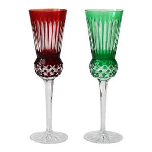 Two Antique Bohemian Cut to Clear Crystal Champagne Flutes: Ruby & Emerald C1910