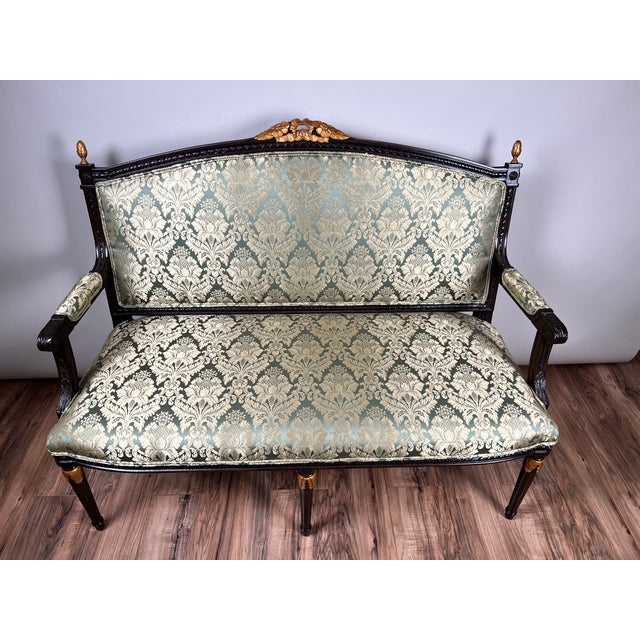 Vintage Louis XVI Style Settee in Green Damask Upholstery 2 of 2 For Sale - Image 4 of 10