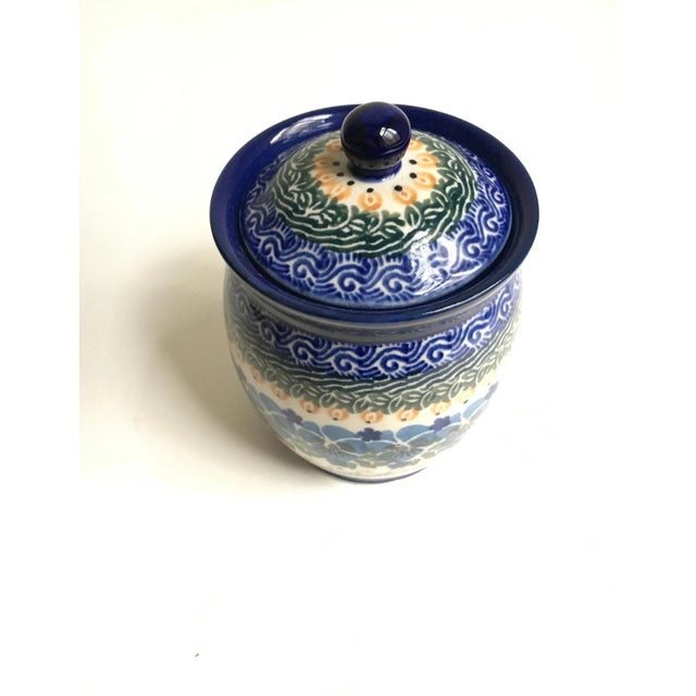 Contemporary Maria Starzyk Blue Hand Painted Ceramic Jar For Sale - Image 3 of 10