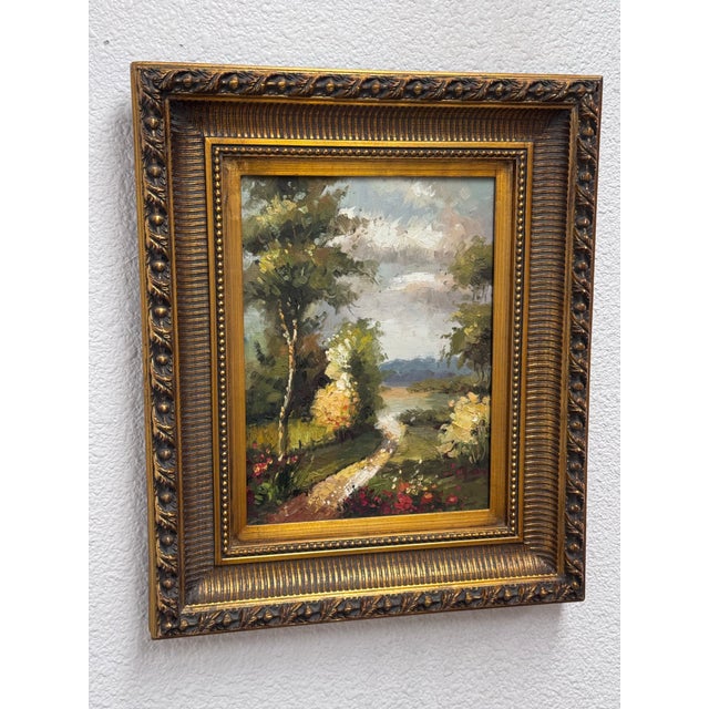 Vintage Giltwood Sunny Day on Open Road Canvas Oil on Painting, Signed For Sale - Image 9 of 12