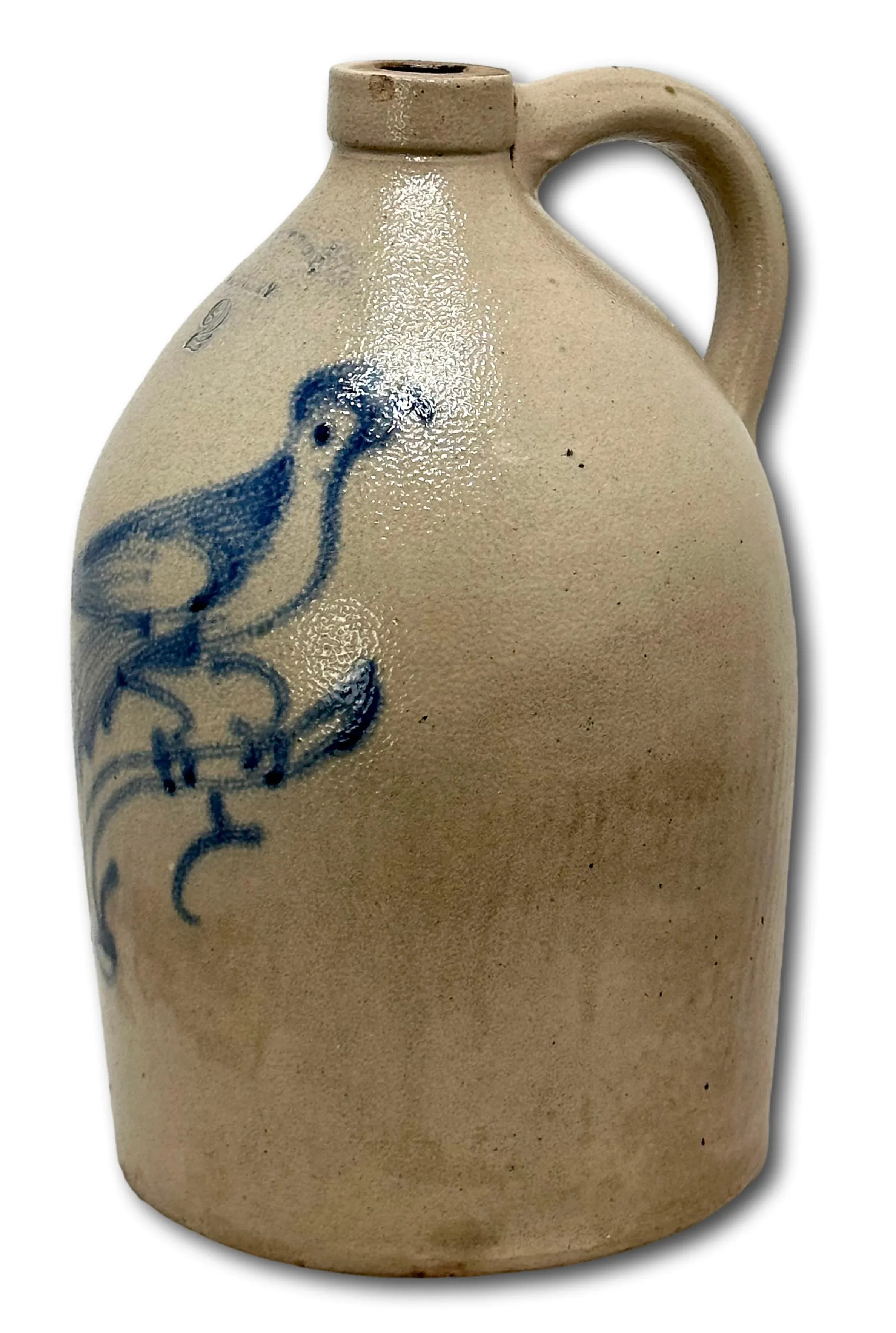 Beautiful 1870s Antique American Blue Bird Decorated 2 Gallon