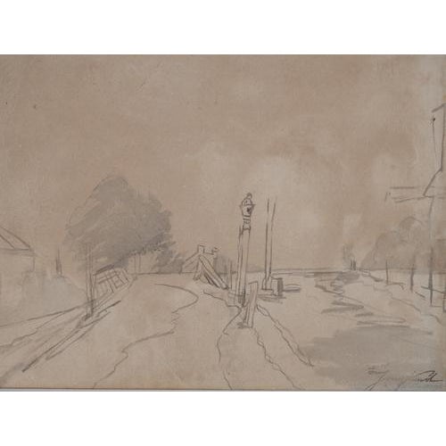 Johan Barthold Jongkind (1819-1891) Towpath along a canal and mill Original watercolor and ink Signed with the signature...