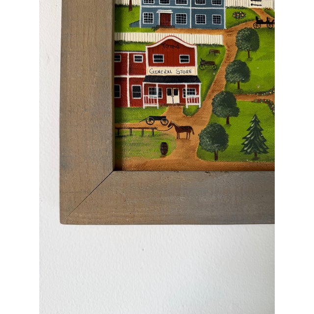 Wood 1985 Nancy Lucek Folk Art Village Landscape Oil Painting on Canvas, Framed For Sale - Image 7 of 12
