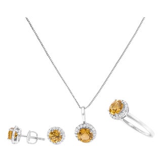 10K White Gold Orange Citrine and 3/8 Cttw Diamond Halo Jewelry Set (Earrings, Pendant & Ring) For Sale