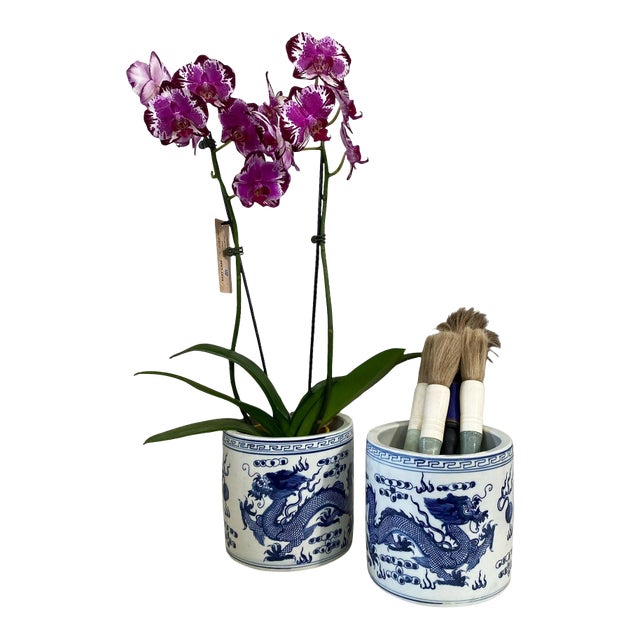 Chinoiserie Chinoiserie Blue & White Porcelain Brush Holder/Cachepots/Vases Set of Two For Sale - Image 3 of 6