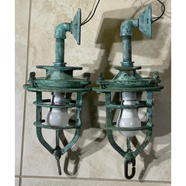 Nautical Pair of Antique Bronze Nautical Marine Wall Sconces, or Convoy Lights For Sale - Image 3 of 11