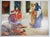 Moroccan orientalist oil on canvas painting of a 19th century Moroccan rug market scene with an sellers seating on a pile...