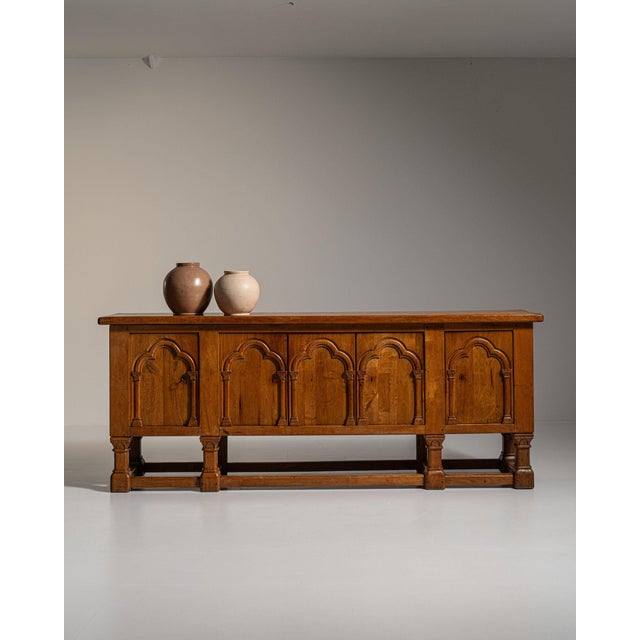 Wood 1970-1979 France Rich Walnut Brown Carved Walnut Gothic-Arch Buffet For Sale - Image 7 of 11