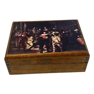 Vintage Wooden Jewelry Box – Rembrandt “The Night Watch” Reproduction – Dark Aca For Sale