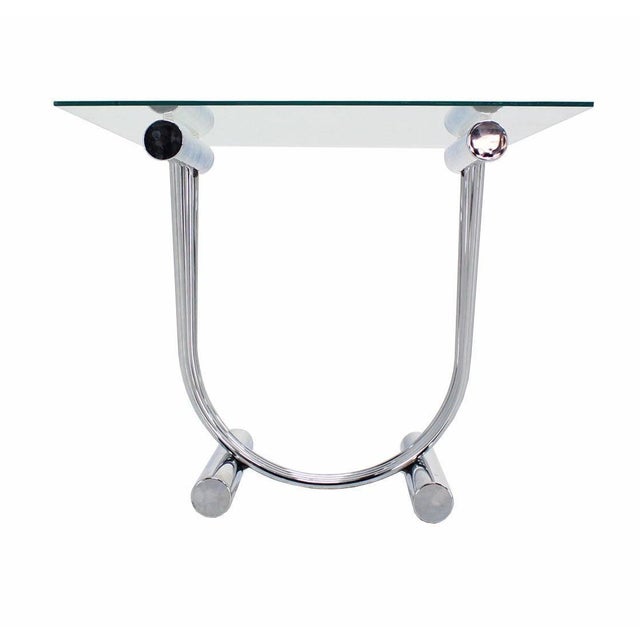 Transparent Pair of Chrome U Shape Bases Glass Square Top End Side Tables Stands MINT! For Sale - Image 8 of 9
