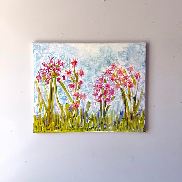 Vintage contemporary mixed media painting of iris flowers on stretched canvas; primarily composed of acrylics and water...