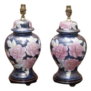 Vintage Navy Blue Floral Hand-Painted Lamps, 1960s, Set of 2 For Sale