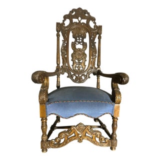 Ornately Carved Walnut Antique Baroque Style Hacienda Chair - 19th Century - 38" X 28" X 61" For Sale