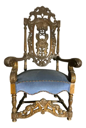 Ornately Carved Walnut Antique Baroque Style Hacienda Chair - 19th Century - 38" X 28" X 61"
