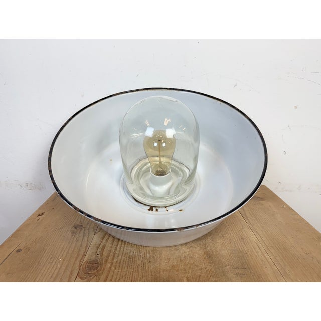 Industrial Grey Enamel Factory Pendant Lamp with Glass Cover, 1960s For Sale - Image 13 of 18