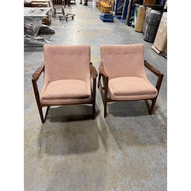 Mid-Century Modern Style Lounge Chairs - Solid Walnut Frames with Pink Boucle For Sale - Image 12 of 13