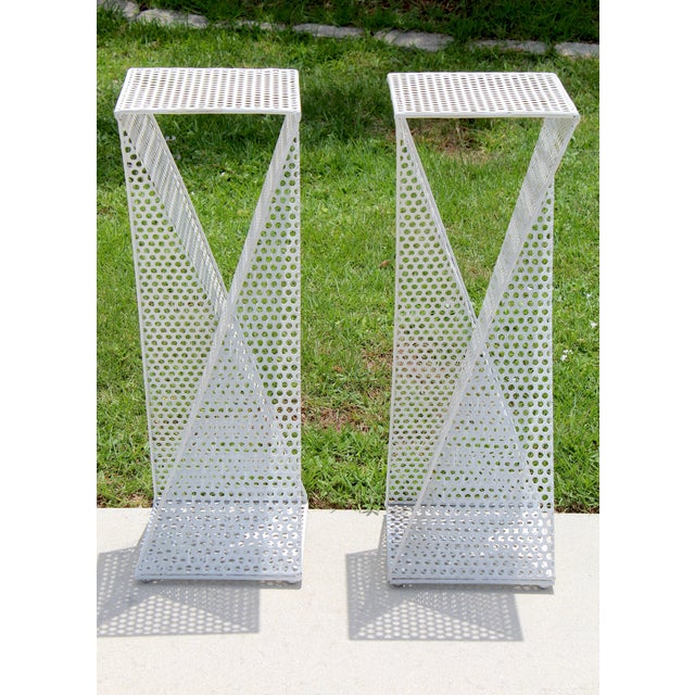 Mathieu Matégot Vintage 1960s Mathieu Matégot Style Sculptural Perforated Metal Pedestals – Pair of Mid-Century Modern Plinths For Sale - Image 4 of 16