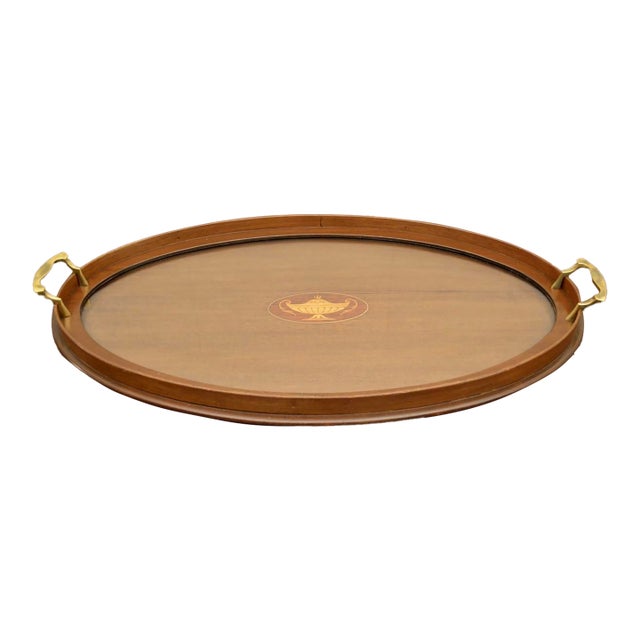 Mahogany Oval Serving Tray With Glass Surface For Sale