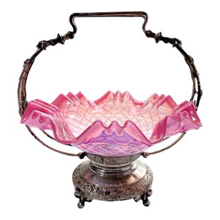 Antique 19th Century Victorian Cranberry Glass & Wilcox Silver Plate Co. Bride's Basket For Sale
