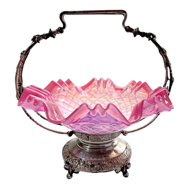 Antique 19th Century Victorian Cranberry Glass & Wilcox Silver Plate Co. Bride's Basket For Sale
