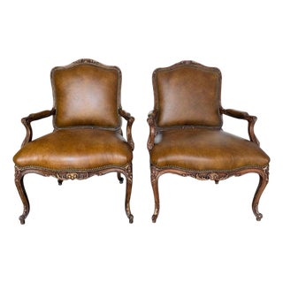 Pair of VIntage French Louis XV Cognac Leather Fauteuils For Sale
