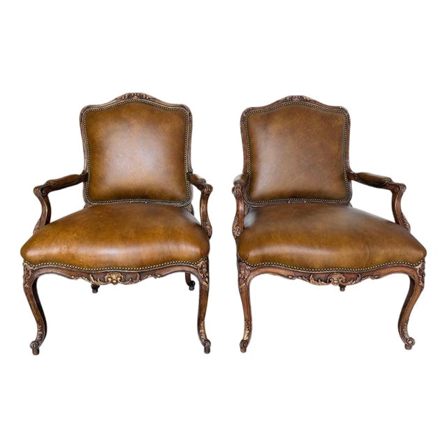 Pair of VIntage French Louis XV Cognac Leather Fauteuils For Sale