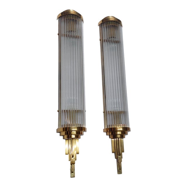 Large Vintage Art Deco Skyscraper Wall Sconces Fixture in Brass & Glass - a Pair For Sale
