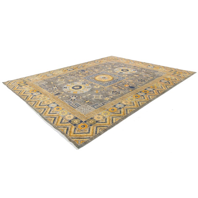 Modern Khotan Style Handmade Wool Rug - Slate Grey & Ochre Geometric Design For Sale - Image 4 of 10
