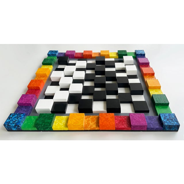 Modern Vintage Bright Colorful Optical Art "Chessboard" Wall Sculpture in Wood Painted For Sale - Image 3 of 12