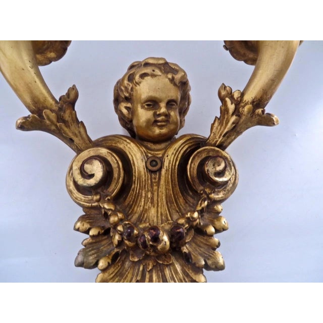19thc French Louis XV Carved & Gilt Wood Putto/ Cherub Double Wall Sconces Electrified a - Pair For Sale In Miami - Image 6 of 13