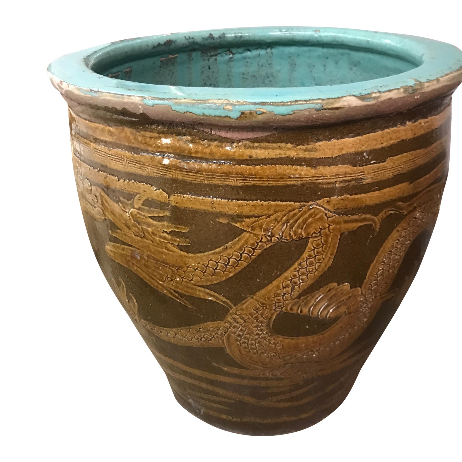 Large Chinese Clay Dragon Egg Pot Planter With Turquoise Inside Chairish