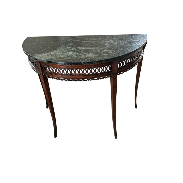 French Massive Antique Demilune Mahogany Console Table With Green Marble Top – Louis XVI Neoclassical / George III Style Entryway Fretwork Accent Table For Sale - Image 3 of 12