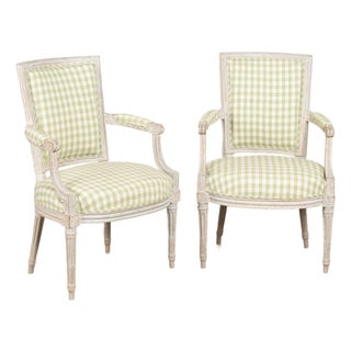 Pair Late 19th Century Swedish Gustavian Gray Painted Armchairs For Sale