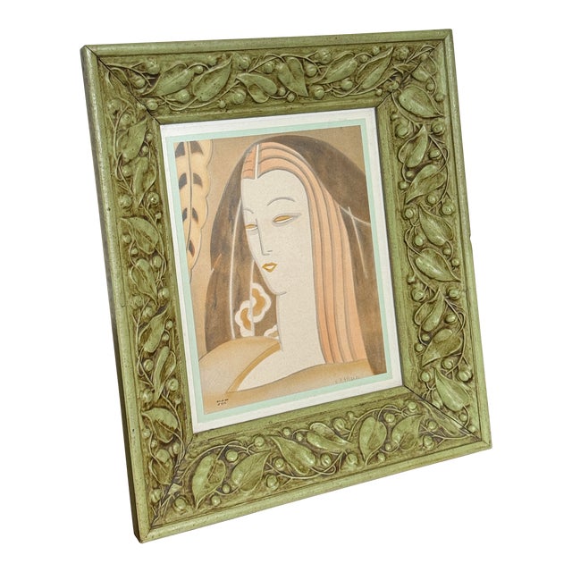Framed Art Deco Original Art, a Portrait of a Woman, Circa 1930s. Signed Plb and Dated 1935 For Sale