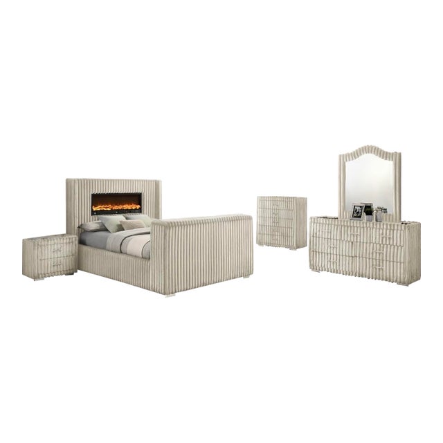 New Henley King 5–Piece Smart Bedroom Set - Channel Tufted W/ Fireplace , Tv Lift Set Only For Sale