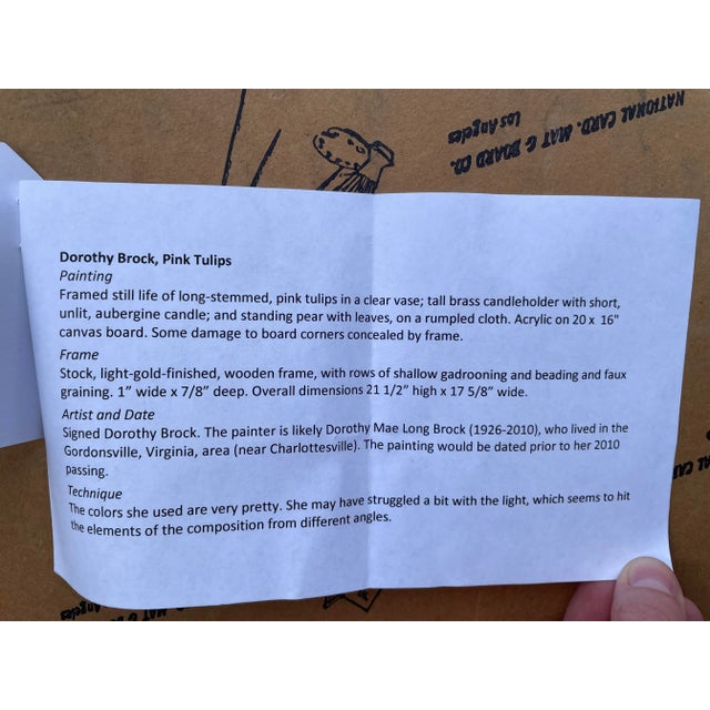 Wood Framed Still Life of Pink Tulips, Candle & Pear For Sale - Image 7 of 7