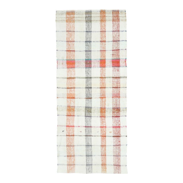 Vintage Turkish Hand-Knotted Wool Cotton White Kilim Runner Rug For Sale