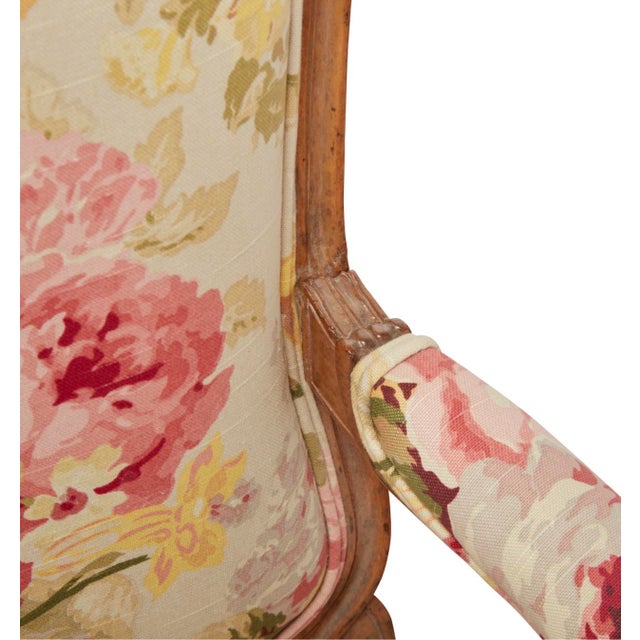 French Pair of Antique Louis XV Carved Walnut Fauteuils Arm Chairs W Ralph Lauren Floral For Sale - Image 3 of 5